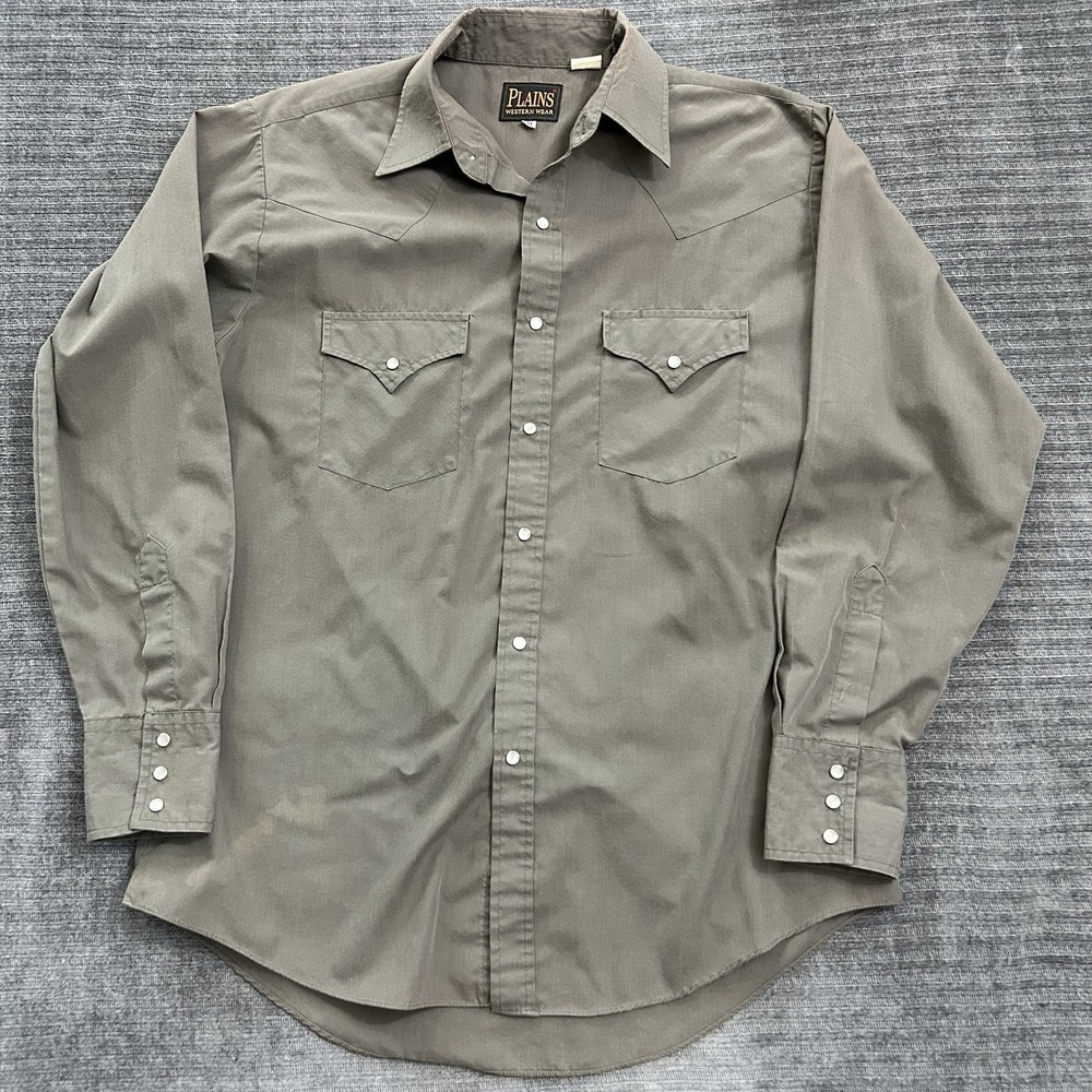 VTG Plains Western Wear Shirt Medium Olive Gray Pearl Snap Cowboy Ranch Rodeo